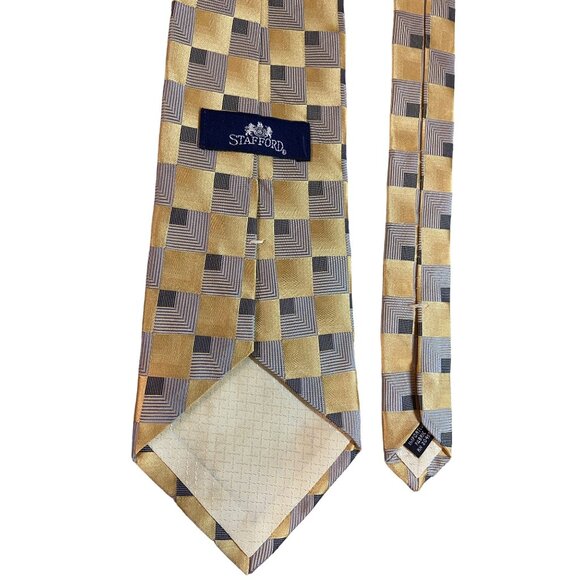 Stafford Mens Silk Neck Tie Made in USA Gold Gray Square Geometric Work Dad Tie - Picture 3 of 5